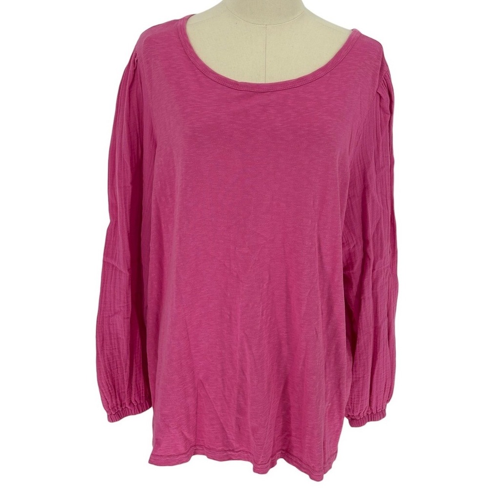 Caslon Long Sleeve Top Pink 100% Cotton Slub Knit Gathered Shoulder XL